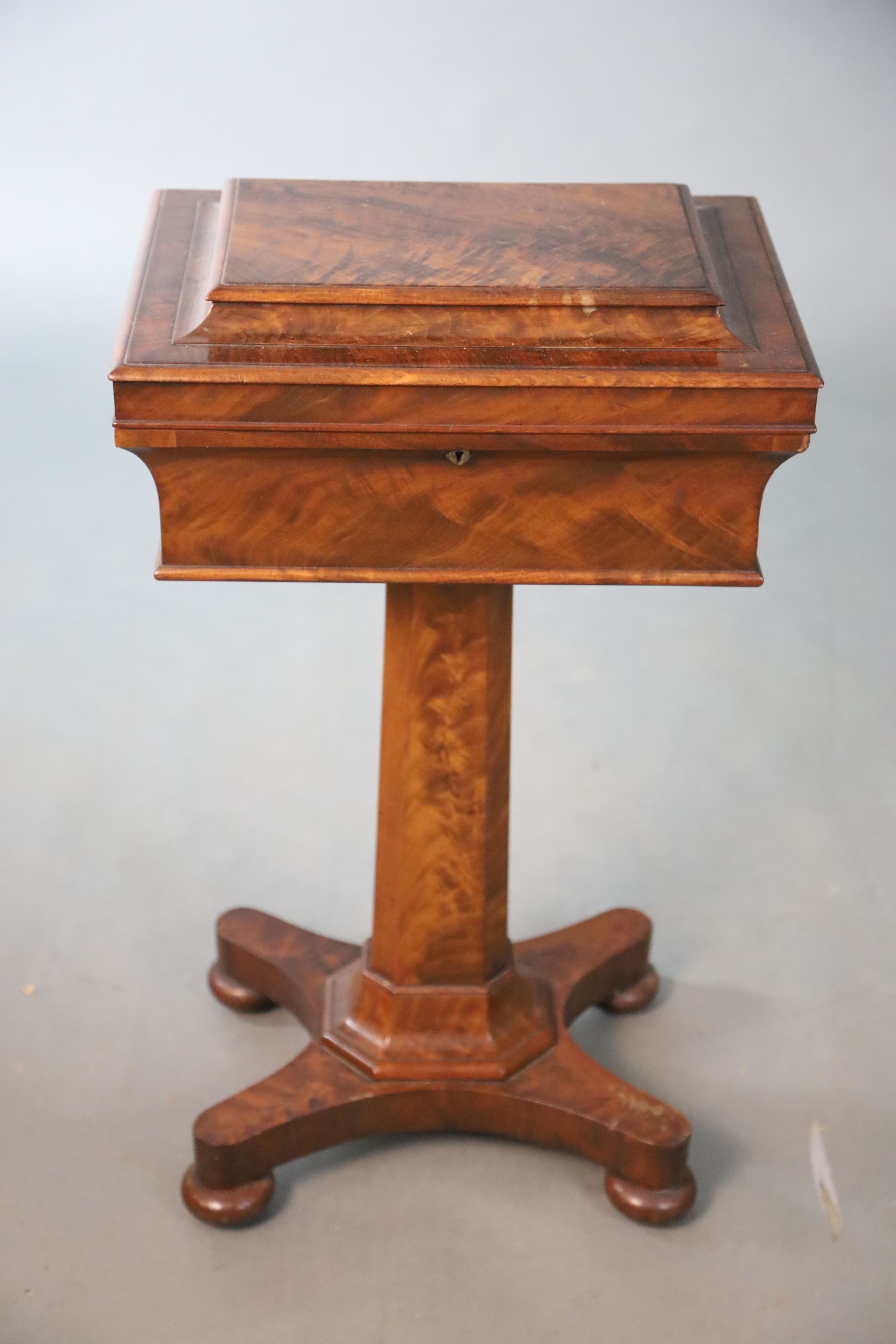 An early Victorian mahogany teapoy, W.43cm D.33cm H.76cm